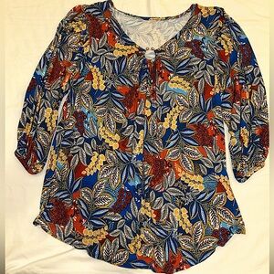 Women’s 3/4 Sleeve Blue And Rust Floral With Keyhole Neck Blouse